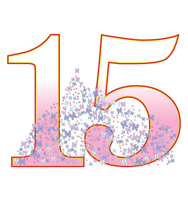 Large number 15 display with red and yellow outlined numerals filled with pink gradient and decorative purple butterflies and dots.