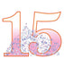 Large number 15 display with red and yellow outlined numerals filled with pink gradient and decorative purple butterflies and dots.