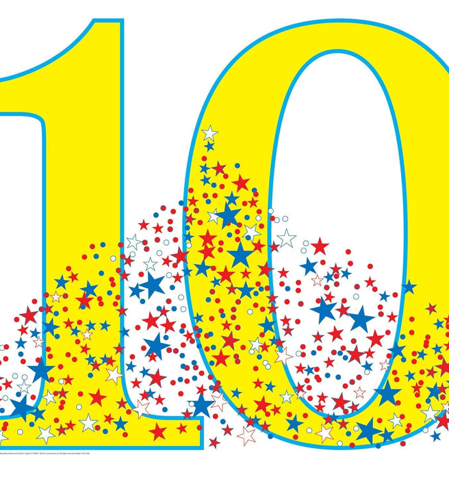 Bright yellow number 10 cutout with blue outline filled with red, dark blue, and white stars and circular confetti shapes.