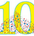 Bright yellow number 10 cutout with blue outline filled with red, dark blue, and white stars and circular confetti shapes.