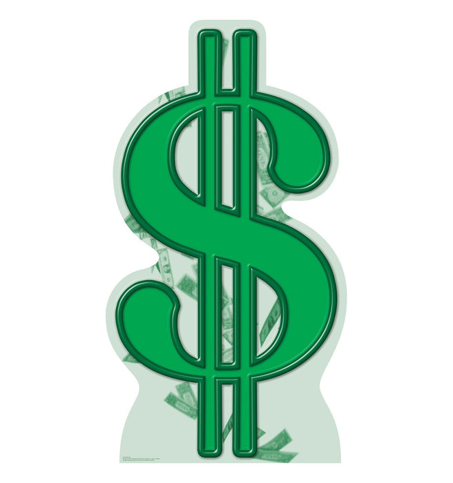 Green dollar sign symbol with transparent window cutouts revealing US currency inside, designed as a life-size cardboard standup decoration.