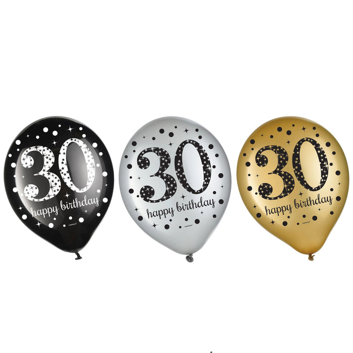 Assorted 30th birthday latex balloons in black, silver, and gold featuring “30” milestone text with star and confetti patterns, shown on a white background.
