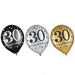 Assorted 30th birthday latex balloons in black, silver, and gold featuring “30” milestone text with star and confetti patterns, shown on a white background.
