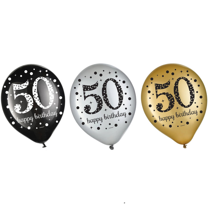 Assorted 50th birthday latex balloons in black, silver, and gold featuring “50” milestone text with star and confetti patterns, shown on a white background.
