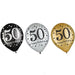 Assorted 50th birthday latex balloons in black, silver, and gold featuring “50” milestone text with star and confetti patterns, shown on a white background.
