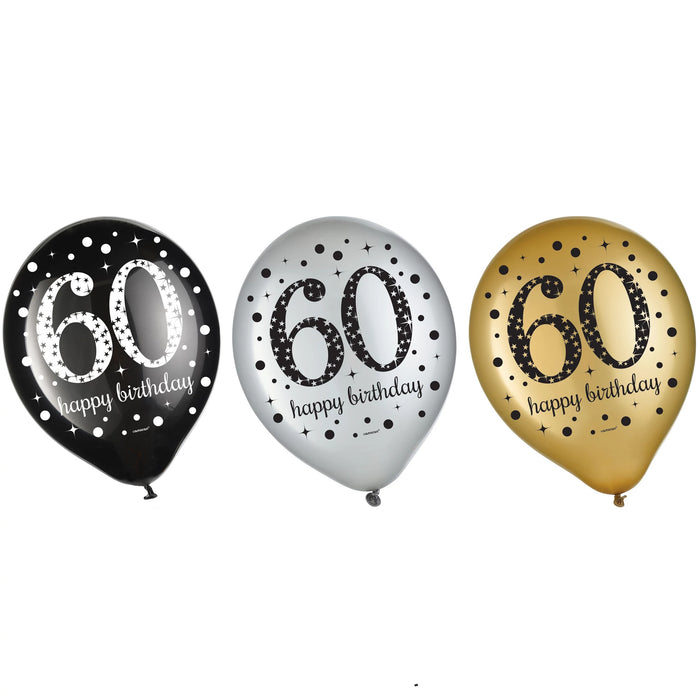 Assorted 60th birthday latex balloons in black, silver, and gold with “60” and star patterns, shown on a white background.