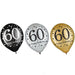 Assorted 60th birthday latex balloons in black, silver, and gold with “60” and star patterns, shown on a white background.