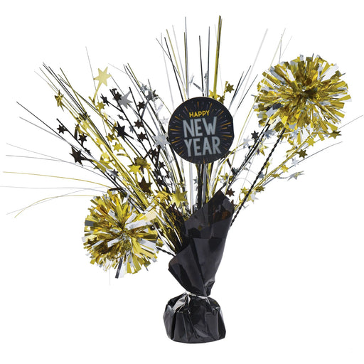 A 9 inch New Year's Black, Silver, and Gold Mini Tinsel Burst Centerpiece.