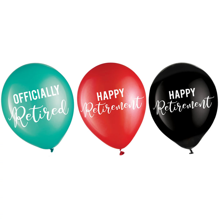 Assorted latex balloons in teal, red, and black featuring “Officially Retired” and “Happy Retirement” text designs for a retirement party celebration on a white background.