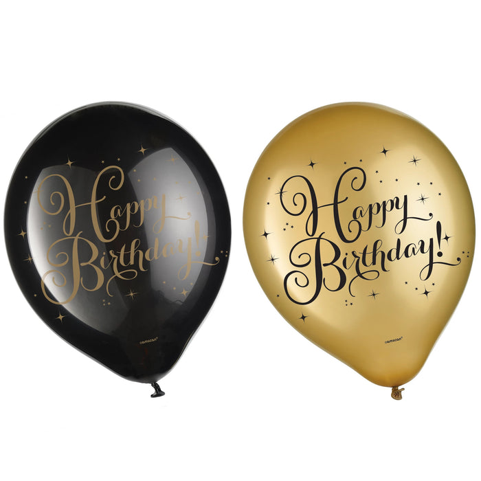 Gold Birthday printed latex balloons in black and metallic gold with “Happy Birthday” and star accents.