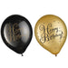 Gold Birthday printed latex balloons in black and metallic gold with “Happy Birthday” and star accents.