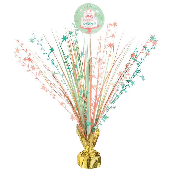 Happy Cake Day Spray Centerpiece with pastel pink, mint, and gold metallic sprays, star accents, a round birthday cake cutout, and a gold weighted base.