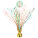 Happy Cake Day Spray Centerpiece with pastel pink, mint, and gold metallic sprays, star accents, a round birthday cake cutout, and a gold weighted base.