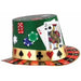 Green casino-themed tall hat featuring playing cards, dice, poker chips, and suit symbols in red, black, and gold colors.