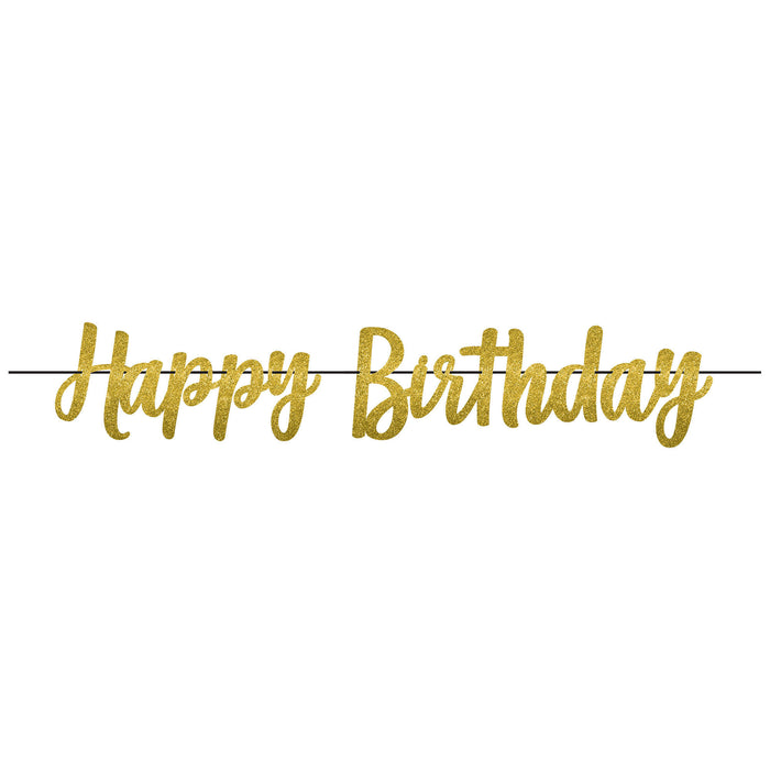 Gold glitter “Happy Birthday” script letter banner with elegant cursive lettering on a white background, designed for birthday party decoration.