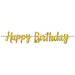 Gold glitter “Happy Birthday” script letter banner with elegant cursive lettering on a white background, designed for birthday party decoration.