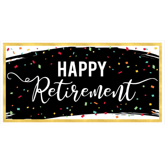 Officially Retired Banner featuring a black brushstroke background with white Happy Retirement lettering, colorful confetti accents, and a gold border.