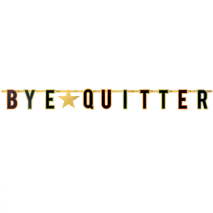 Officially Retired Bye Quitter Letter Banner with bold multicolor letters, a gold star accent, and a gold hanging strip.