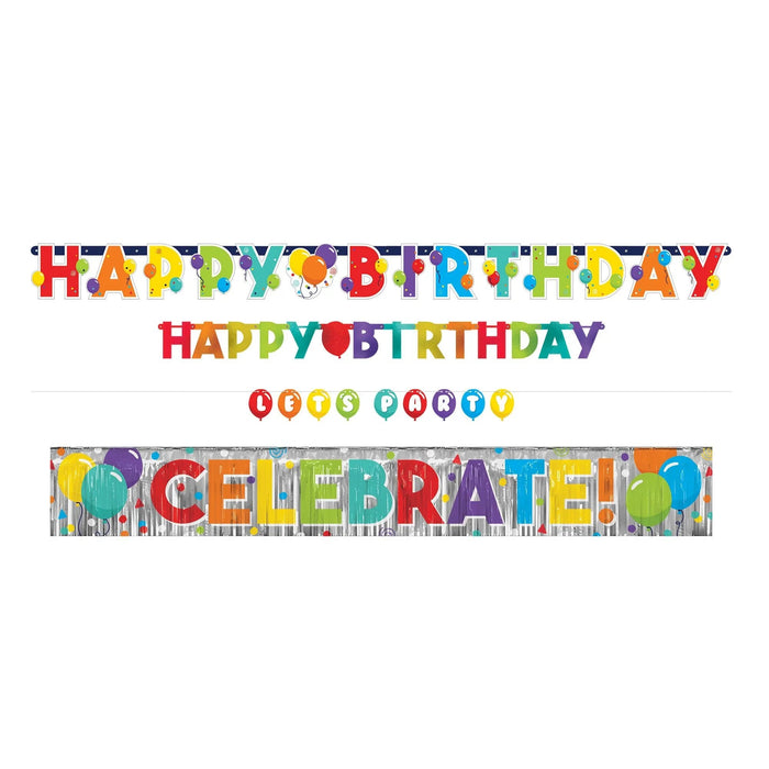 Four colorful birthday celebration banner sets featuring "Happy Birthday," "Happy Birthday" with balloon designs, "Let's Party" in balloon shapes, and "Celebrate" with silver streamers and balloons in bright multi-colored letters.