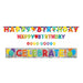 Four colorful birthday celebration banner sets featuring "Happy Birthday," "Happy Birthday" with balloon designs, "Let's Party" in balloon shapes, and "Celebrate" with silver streamers and balloons in bright multi-colored letters.