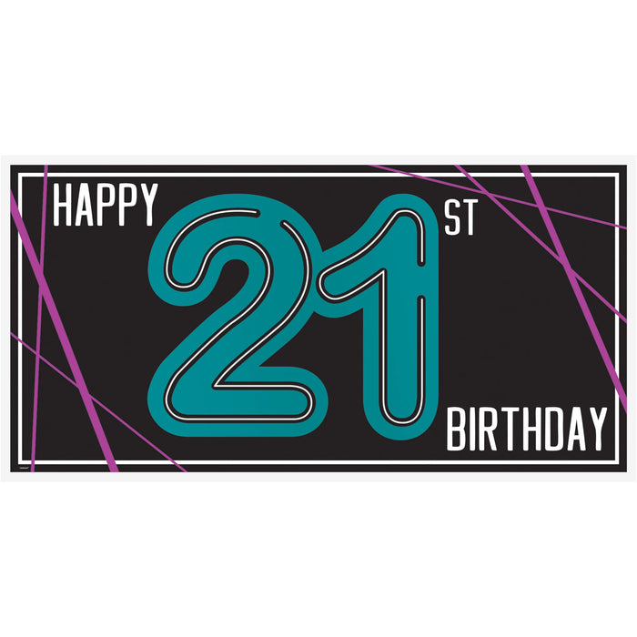 Finally 21 horizontal birthday banner with black background, teal number 21, and purple accent streaks.