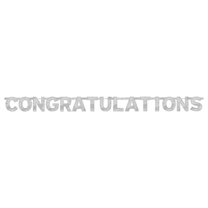 Congratulations Large Foil Letter Banner featuring oversized silver letters spelling CONGRATULATIONS on a hanging line.
