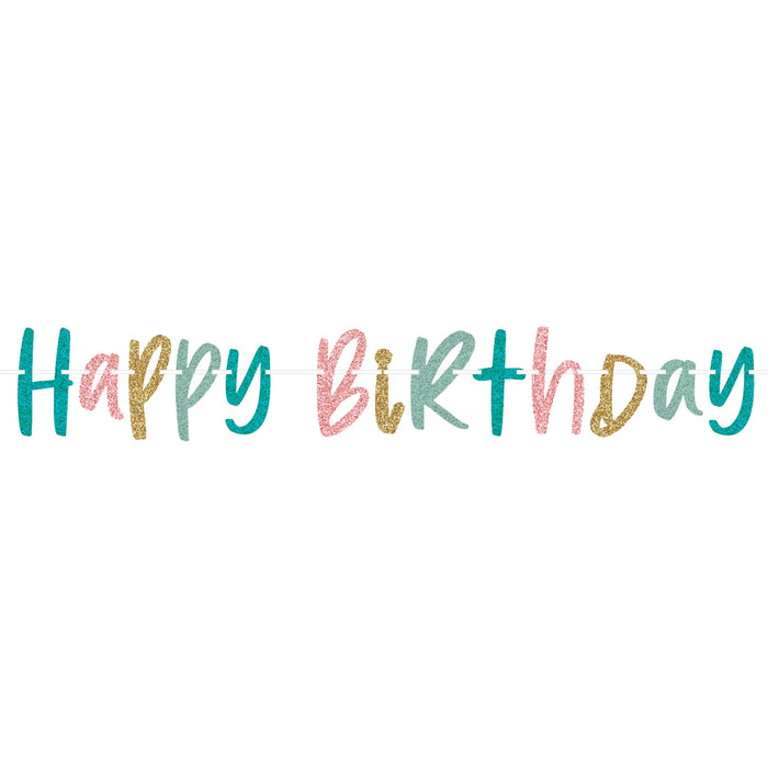 Happy Cake Day Letter Banner featuring multicolor glitter-style “Happy Birthday” script lettering in teal, pink, gold, and green.