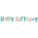 Happy Cake Day Letter Banner featuring multicolor glitter-style “Happy Birthday” script lettering in teal, pink, gold, and green.