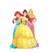 Three Disney Princesses stand together in formal gowns: Ariel in a teal and red outfit on the left, Belle in a yellow ball gown in the center, and Aurora in a pink dress on the right.
