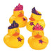Four yellow rubber ducks with orange beaks, each wearing a different jeweled crown or tiara in purple and pink, accented with star decorations.