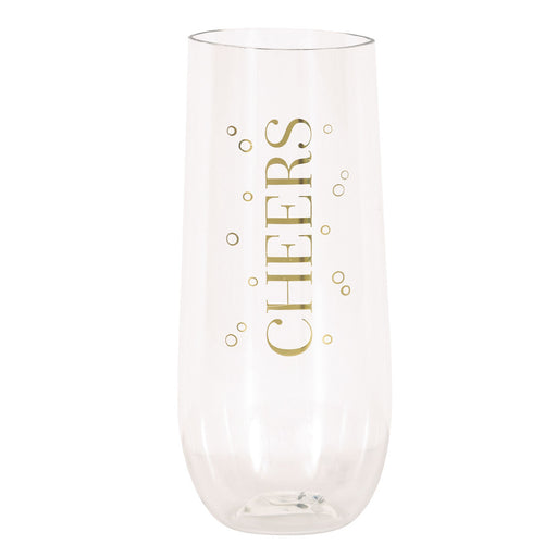 A 9 ounce New Year's Gold Foil Stamped "Cheers" Plastic Stemless Champagne Flute.