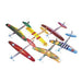 Collection of 48 colorful foam glider planes with military designs in red, yellow, blue, green, and brown, arranged in rows against a white background.