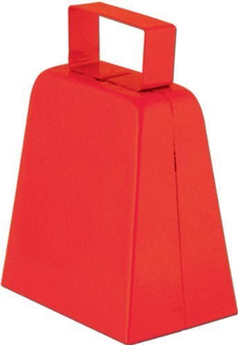 Bright red metal cowbell with a sturdy handle loop on top, shown against a white background.