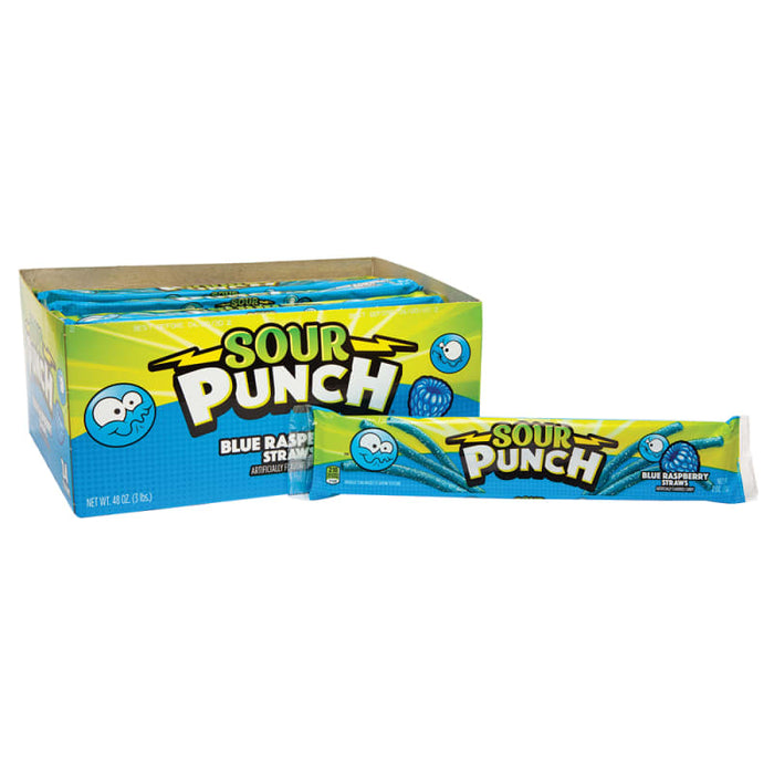Sour Punch Blue Raspberry Straws: chewy sour candy straws, blue in color. Individually wrapped, 2 oz size.