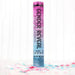 Pink and blue gradient cylindrical powder cannon with "Gender Reveal Powder Cannon" text, surrounded by scattered pink and blue confetti pieces on a white surface.