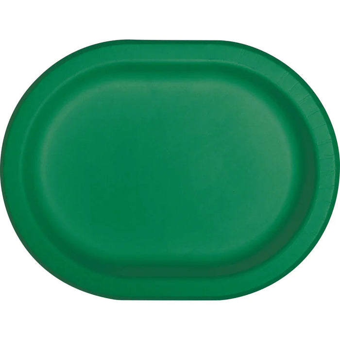 Emerald green oval platter with a smooth matte finish and slightly raised rim, shown from above.
