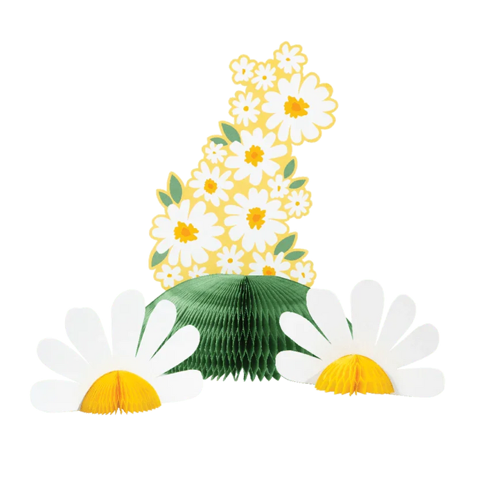 Sweet Daisy honeycomb centerpiece featuring a green layered base with dimensional white daisy cutouts and yellow centers, designed as a 12-inch floral table decoration for parties and spring events.
