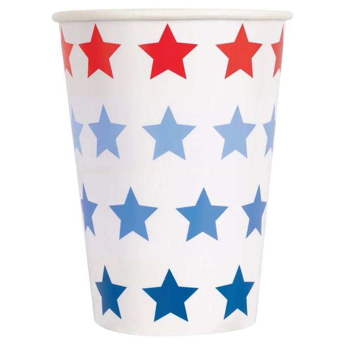 White 12oz paper cup with red stars across the top, light blue stars in the middle, and dark blue stars across the bottom in a patriotic stripe pattern.