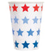 White 12oz paper cup with red stars across the top, light blue stars in the middle, and dark blue stars across the bottom in a patriotic stripe pattern.