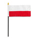 Polish flag with white top stripe and red bottom stripe mounted on a black stick with gold finial.