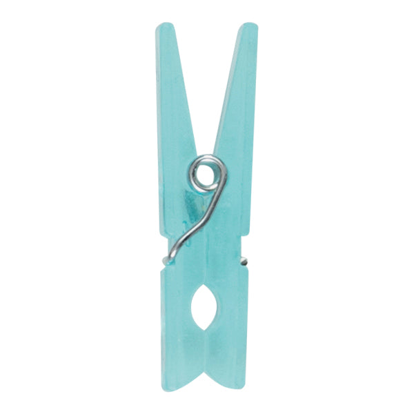 Blue mini clothespin with silver metal spring detail on a white background.
