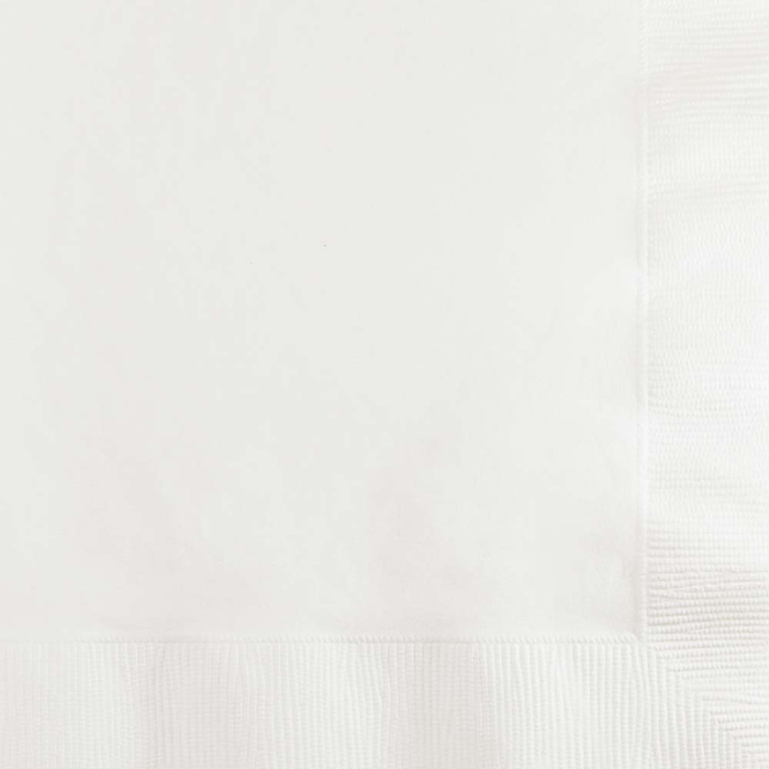 Stack of white paper beverage napkins with ribbed texture edges, 50-count package.