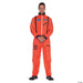 Man wearing a bright orange full-body NASA astronaut suit with black trim, shoulder patches, chest emblem, and utility pockets, styled as a complete space explorer costume.