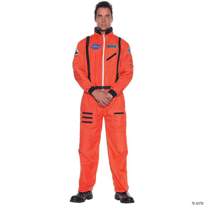 Man wearing a bright orange NASA space suit with black accents, shoulder patches, and utility pockets, standing against a white background.