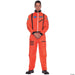 Man wearing a bright orange NASA space suit with black accents, shoulder patches, and utility pockets, standing against a white background.