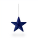 Navy blue velvet flocked star ornament with five points, hanging from a gray string.