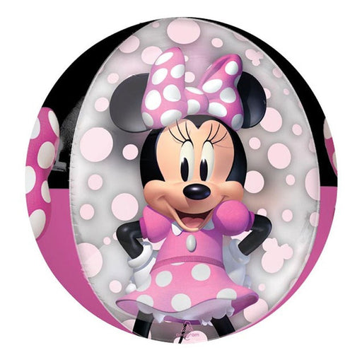 Clear oval balloon featuring Minnie Mouse in a pink polka dot dress with a magenta bow, surrounded by pink and white polka dots on a gray background.