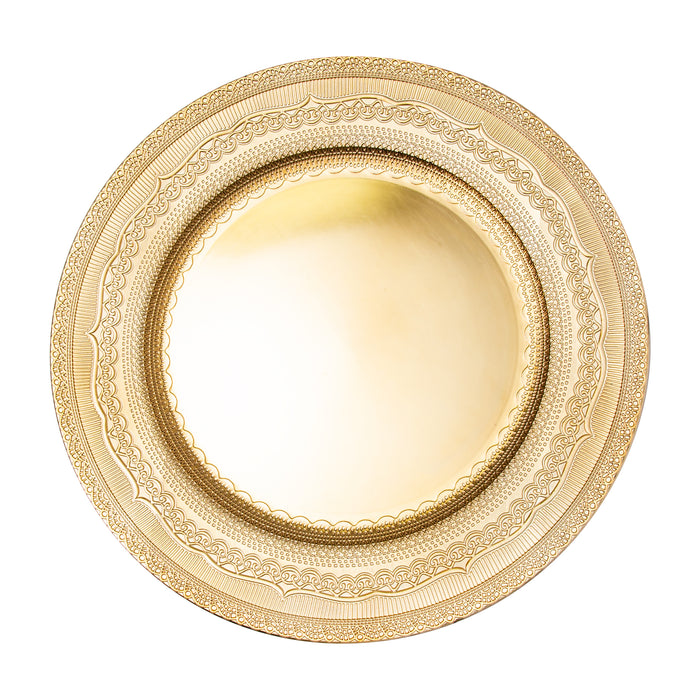 Product photo of Eyelet Plastic Charger Plate 13" - Gold — a Portofino party product shown on a plain background.