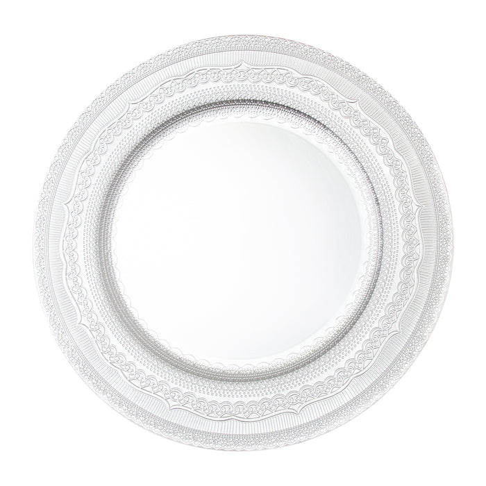 Product photo of Eyelet Plastic Charger Plate 13" - Silver — a Portofino party product shown on a plain background.