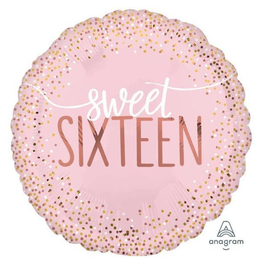 Round pink mylar balloon with gold and rose gold confetti border design and white script "sweet" text above rose gold "SIXTEEN" lettering.